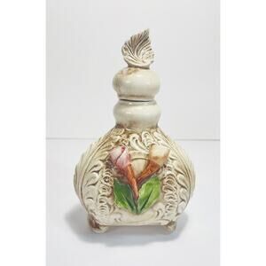 Vtg Capodimonte Italy Porcelain Footed Coverd Jar Decanter with 3D Flower 6.75”